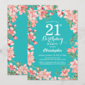21e Birthday Pink Floral Flowers Blauwgroen achter Kaart (Voorkant / Achterkant)
