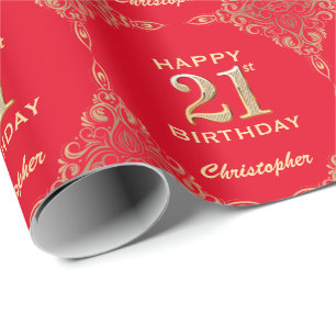 21e Birthday Red en Gold Glitter Lijst Cadeaupapier
