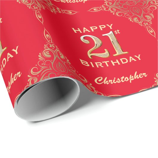 21e Birthday Red en Gold Glitter Lijst Cadeaupapier (Rol Hoek)