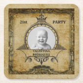 21e Birthday  Retro Monogram Foto Antiek Kartonnen Onderzetters (Voorkant)