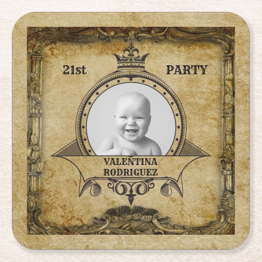 21e Birthday  Retro Monogram Foto Antiek Kartonnen Onderzetters (Voorkant)