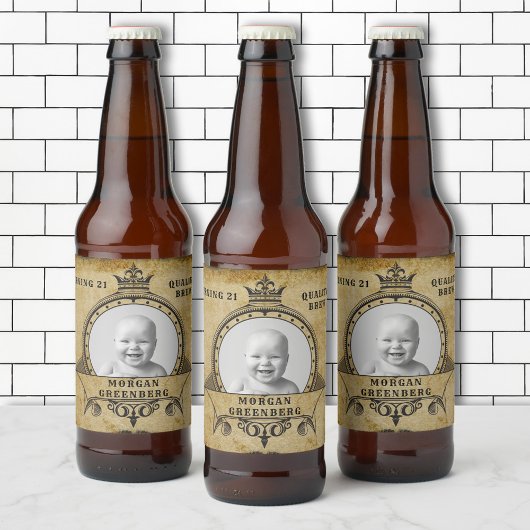 21e Birthday Retro Monogram toevoegen Foto Bier Etiket
