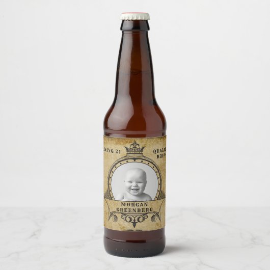 21e Birthday  Retro Monogram toevoegen Foto Bier Etiket (Voorkant)