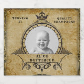 21e Birthday Retro Monogram toevoegen Foto Sparkling Wijnetiket (Enkel label)