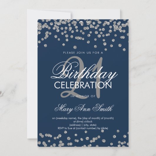 21e Birthday Silver Navy Blue Glitter Confetti Kaart (Voorkant)