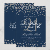 21e Birthday Silver Navy Blue Glitter Confetti Kaart (Voorkant / Achterkant)
