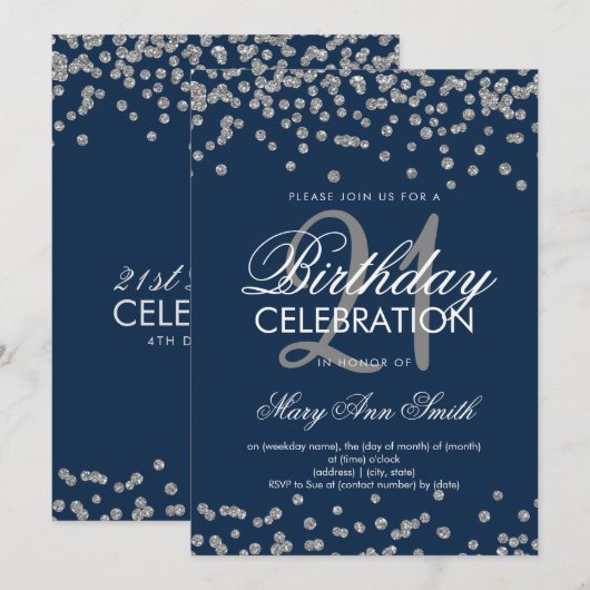 21e Birthday Silver Navy Blue Glitter Confetti Kaart (Voorkant / Achterkant)