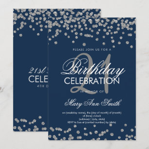 21e Birthday Silver Navy Blue Glitter Confetti Kaart