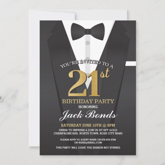 21e Birthday Spy Suit Black stropdas Gold Invitati Kaart (Voorkant)