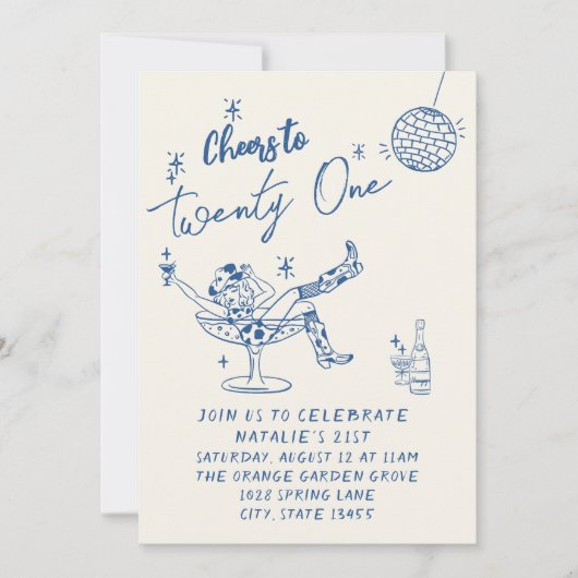 21e Blauwe Hand Getrokken Cowgirl Coastal Fun Verj Kaart (Voorkant)