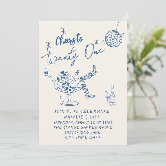 21e Blauwe Hand Getrokken Cowgirl Coastal Fun Verj Kaart (Staand voorkant)