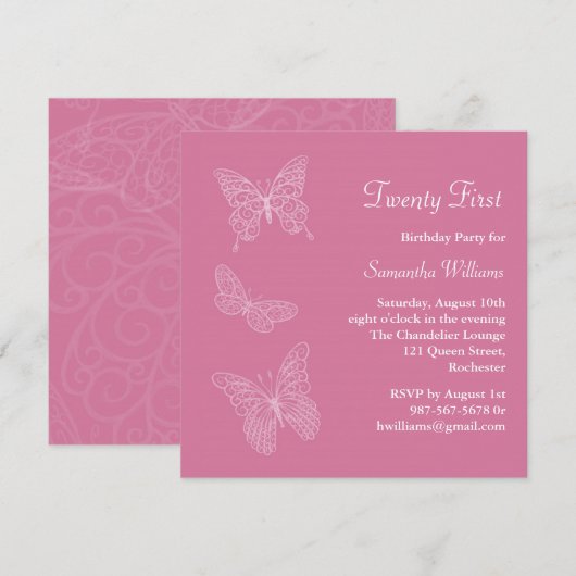 21e Butterfly Birthday Invitation (roze) Kaart (Voorkant / Achterkant)