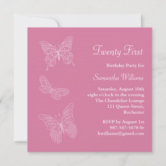 21e Butterfly Birthday Invitation (roze) Kaart (Voorkant)