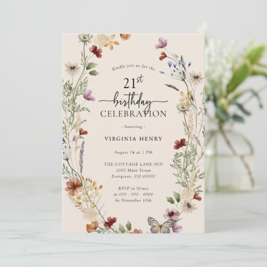 21e Floral Birthday Invitation Kaart (Staand voorkant)