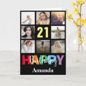 21e Gelukkige Verjaardag Fotocollage Modern Zwart Kaart (Gele Bloem)