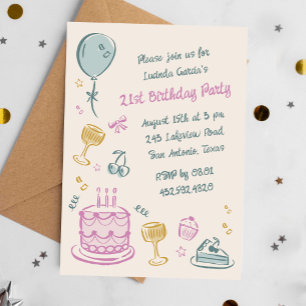 21e grillige Doodle Hand getrokken verjaardagsfees Kaart