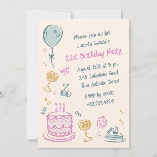 21e grillige Doodle Hand getrokken verjaardagsfees Kaart (Voorkant)