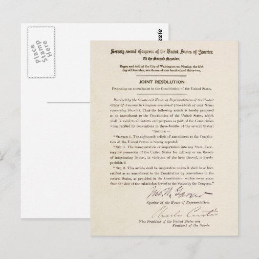 21e grondwetswijziging Verbod Briefkaart (Voorkant / Achterkant)