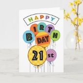 21e Happy Birthday Bright Typografie ballonnen Kaart (Gele Bloem)