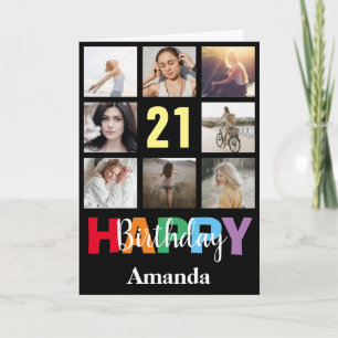 21e Happy Birthday Photo Collage Modern Black Kaart
