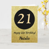21e Happy Birthday Zwart en Goud Glitter Kaart (Gele Bloem)