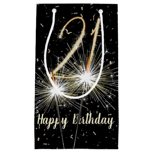 21e jaarsparkler op zwart klein cadeauzakje (Voorkant)