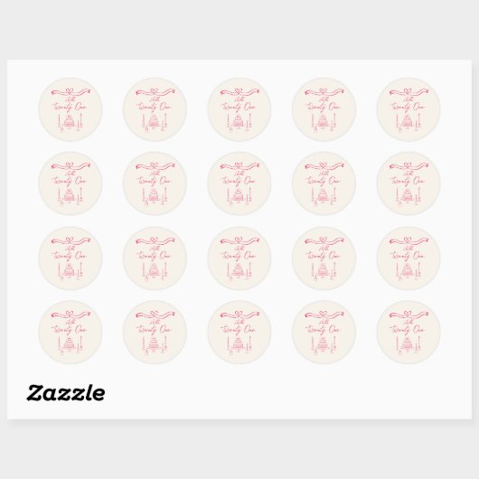 21e Levendige Roze Hand Getrokken Cake Kaarsen Ver Ronde Sticker (Vel)