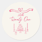 21e Levendige Roze Hand Getrokken Cake Kaarsen Ver Ronde Sticker (Voorkant)