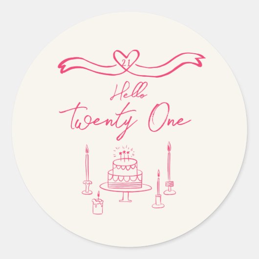 21e Levendige Roze Hand Getrokken Cake Kaarsen Ver Ronde Sticker (Voorkant)