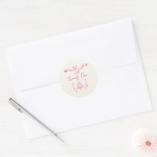 21e Levendige Roze Hand Getrokken Cake Kaarsen Ver Ronde Sticker (Envelop)