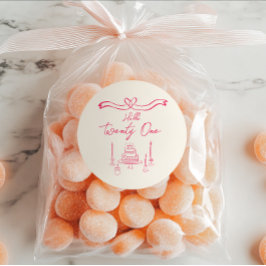 21e Levendige Roze Hand Getrokken Cake Kaarsen Ver Ronde Sticker