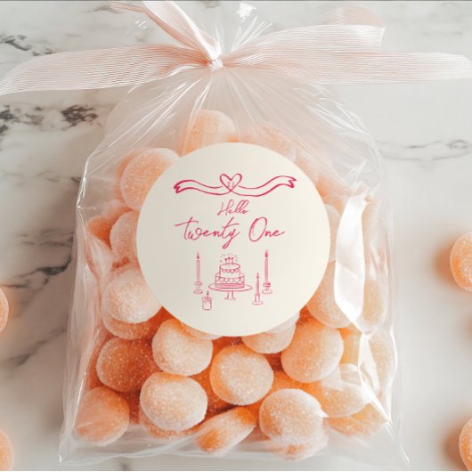 21e Levendige Roze Hand Getrokken Cake Kaarsen Ver Ronde Sticker