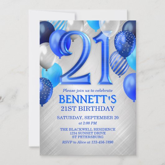 21e Mannen blauwe verjaardagsuitnodiging Kaart (Voorkant)