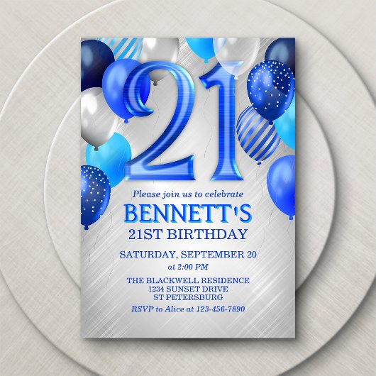 21e Mannen blauwe verjaardagsuitnodiging Kaart