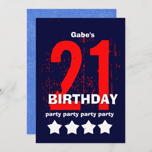 21e moderne Birthday Party Red White Blue W1797D1 Kaart (Voorkant / Achterkant)