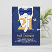 21e Navy Blue en Gold Tuxedo verjaardagsevenement Kaart (Staand voorkant)