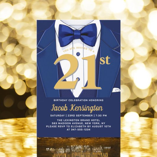 21e Navy Blue en Gold Tuxedo verjaardagsevenement Kaart