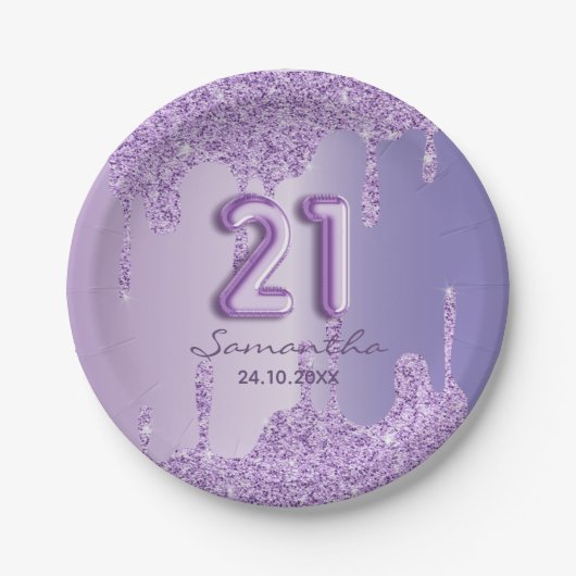 21e Paarse glitterdrippers Papieren Bordje (Voorkant)