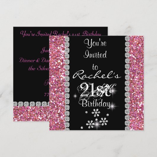 21e PINK Birthday Party Invitation BLING Kaart (Voorkant / Achterkant)