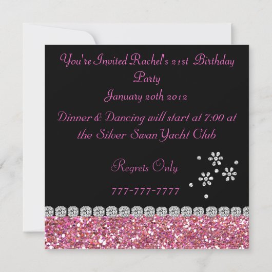 21e PINK Birthday Party Invitation BLING Kaart (Achterkant)
