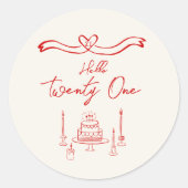 21e Rode Hand Getrokken Cake Kaarsen Leuke Verjaar Ronde Sticker (Voorkant)