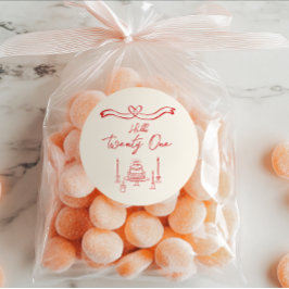 21e Rode Hand Getrokken Cake Kaarsen Leuke Verjaar Ronde Sticker