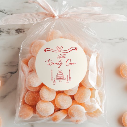 21e Rode Hand Getrokken Cake Kaarsen Leuke Verjaar Ronde Sticker