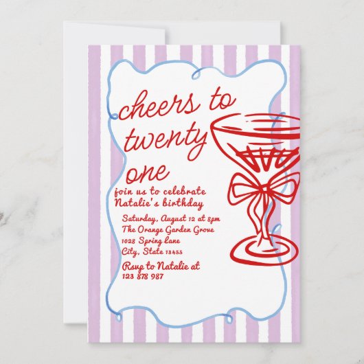 21e Rode Hand Getrokken Champagne Glas Leuke Verja Kaart (Voorkant)