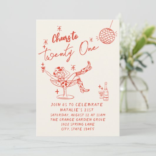 21e Rode Hand Getrokken Cowgirl Coastal Fun Verjaa Kaart (Staand voorkant)