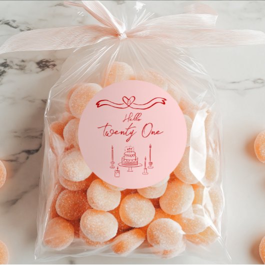 21e Rode Roze Hand Getrokken Cake Kaarsen Verjaard Ronde Sticker