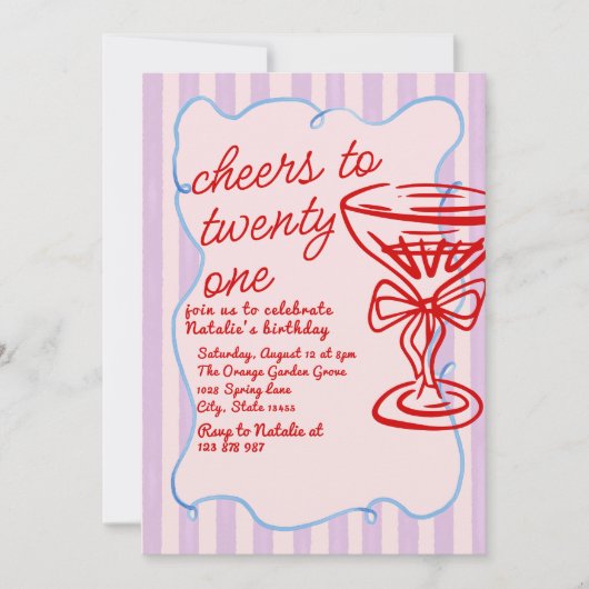 21e Rode Roze Hand getrokken Champagne Foto Verjaa Kaart (Voorkant)