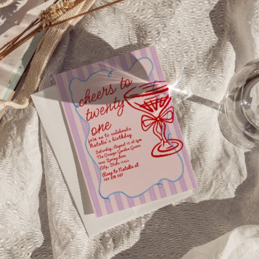 21e Rode Roze Hand getrokken Champagne Glas Verjaa Kaart