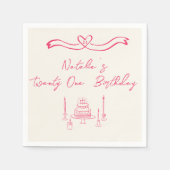 21e Roze Hand Geschreven Getekend Taart Boog Verja Servet (Voorkant)