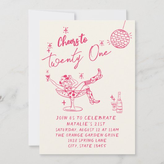 21e Roze Hand Getrokken Cowgirl Coastal Fun Verjaa Kaart (Voorkant)